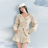 Striped Turn-down Collar Shirt & Lace Trim Mini Skirt Set - CHINASQUAD