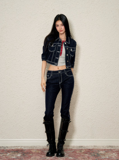 Color-Contrast Denim Jacket &amp; Pants Set