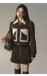 Brown Faux Fur Patchwork Short Jacket - CHINASQUAD