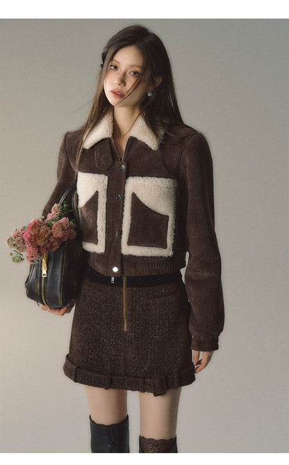 Brown Faux Fur Patchwork Short Jacket - CHINASQUAD