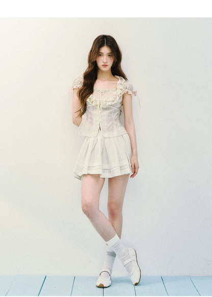Layered Lace Lyocell Puff Sleeve Blouse