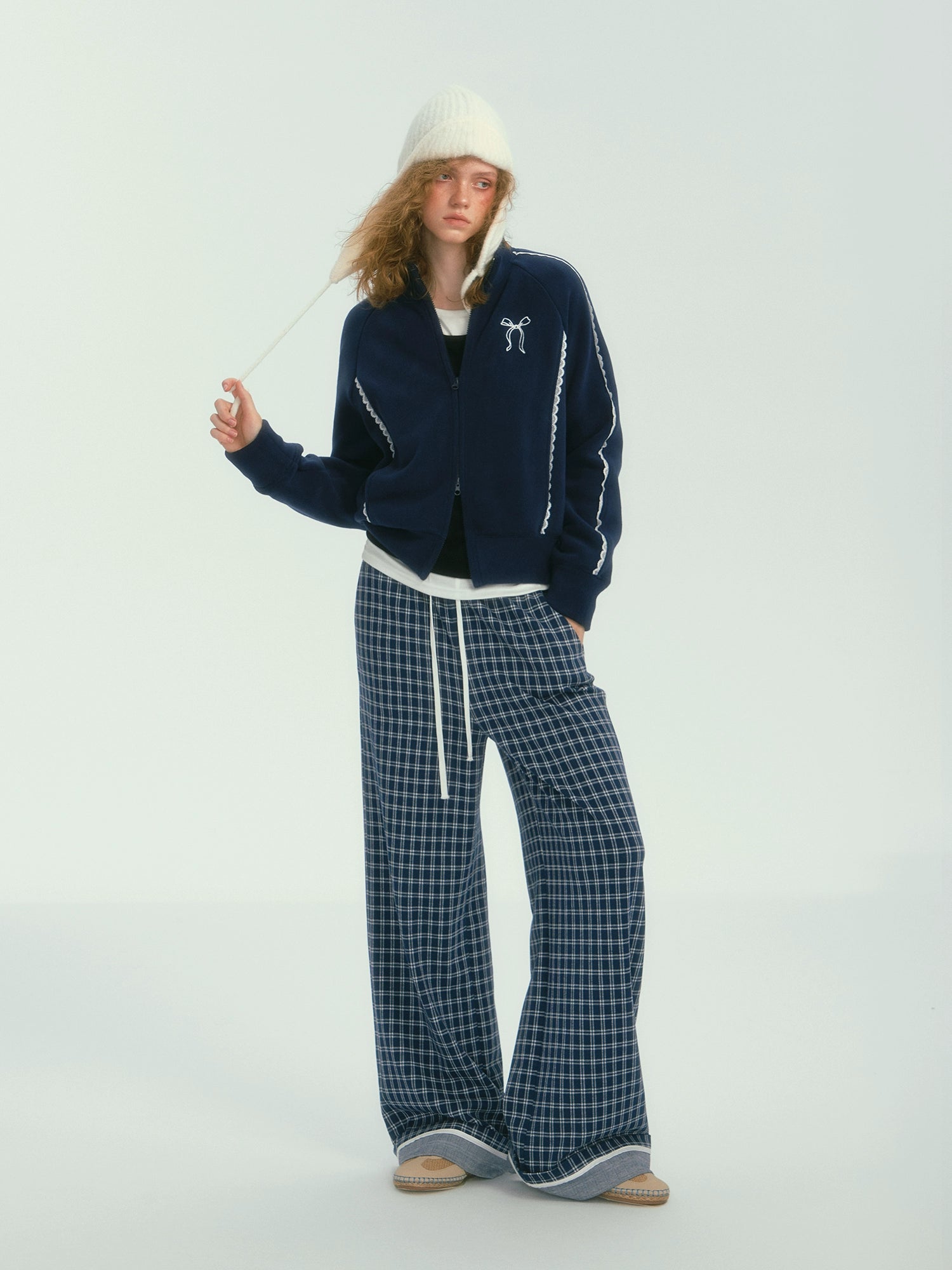 Relaxed Plaid Thin Fleece Wide-Leg Pants