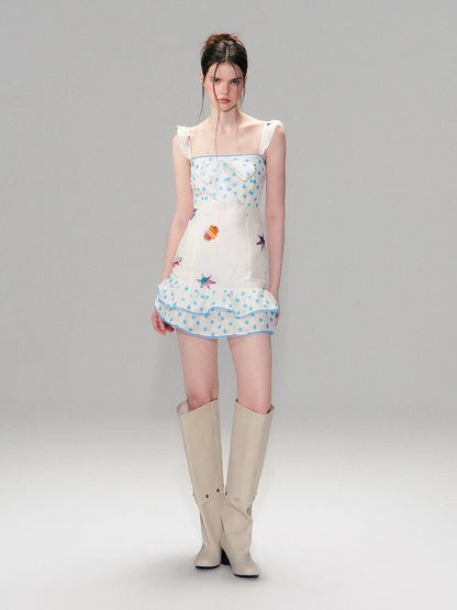Vintage Contrast Print Flutter Strap Mini Dress