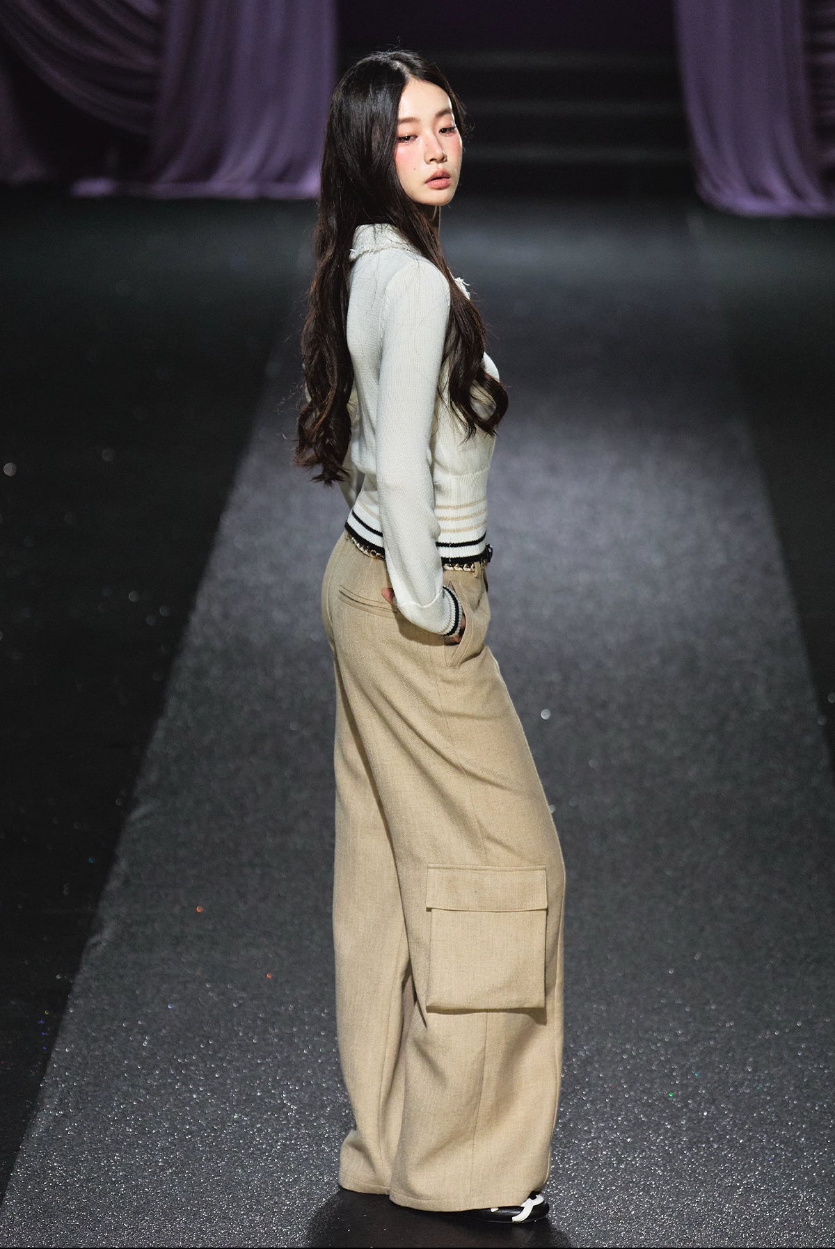 Tweed Braided Belt High-Waist Wide-Leg Pants
