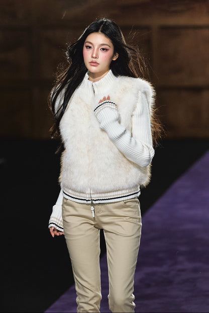 Faux Fur Knit-Panel Two-in-One Cardigan