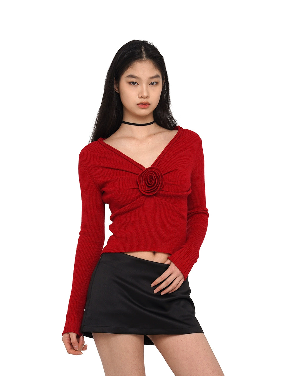 Rose Embellishment V-Neck Sweater