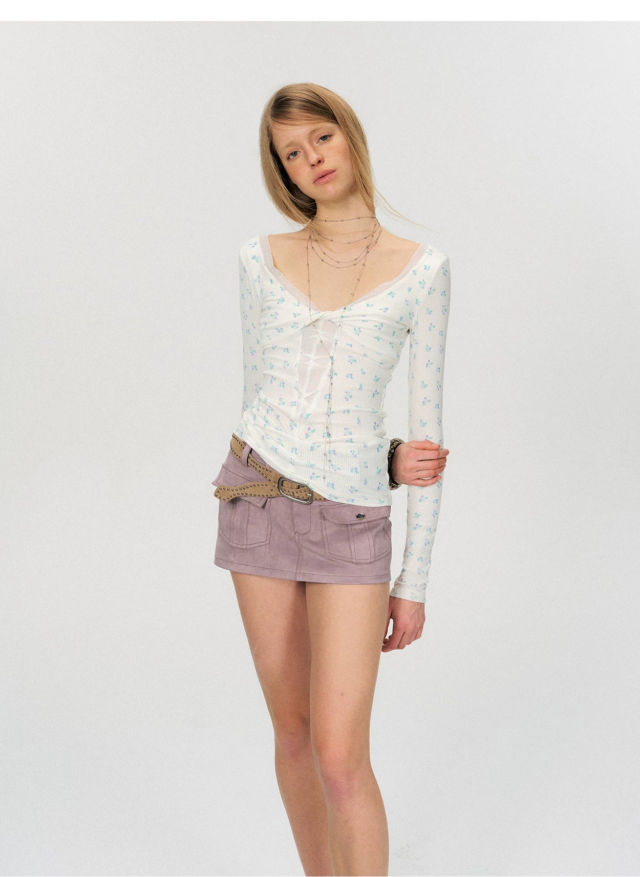 Twist-Front Mesh Panel Slim Fit Long Sleeve Top