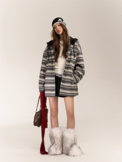 Striped Silver Fox Fur Hoodie Coat