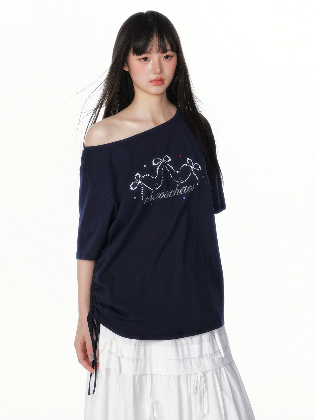 Asymmetric Bow &amp; Pearl Off-Shoulder T-Shirt