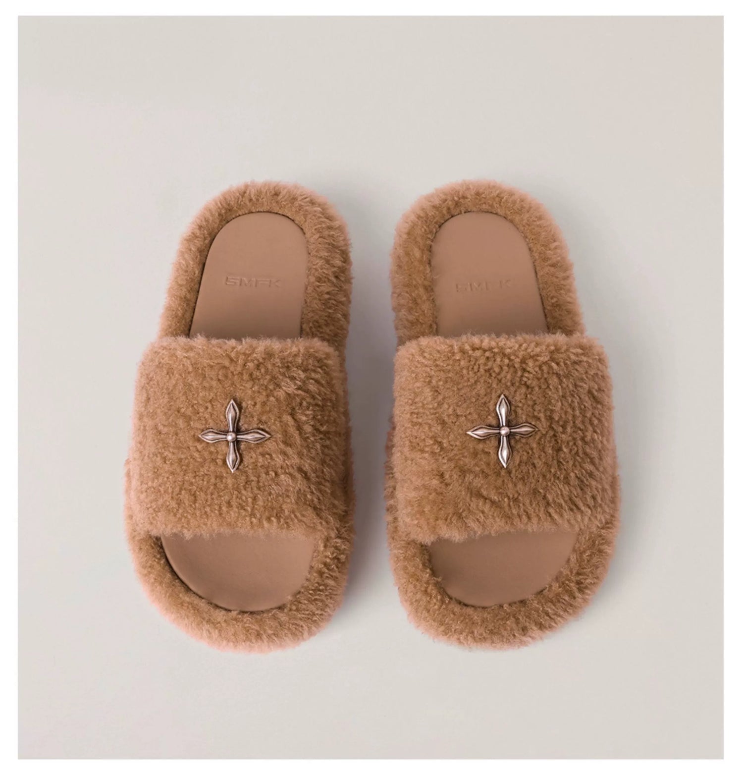 Compass Shearling Slide Sculpted Cross Emblem Sandals