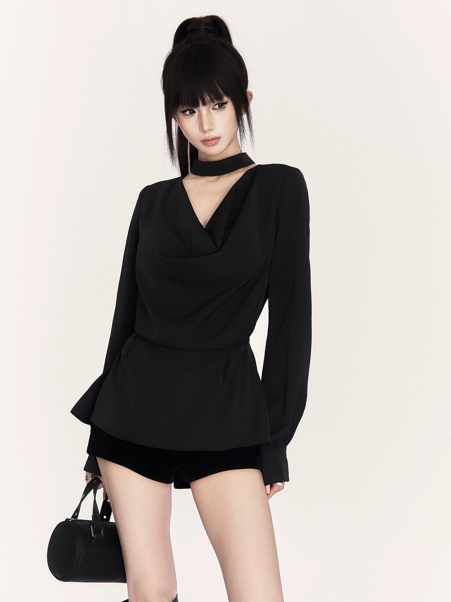 Cowl-Neck Waist-Cinching Shirt