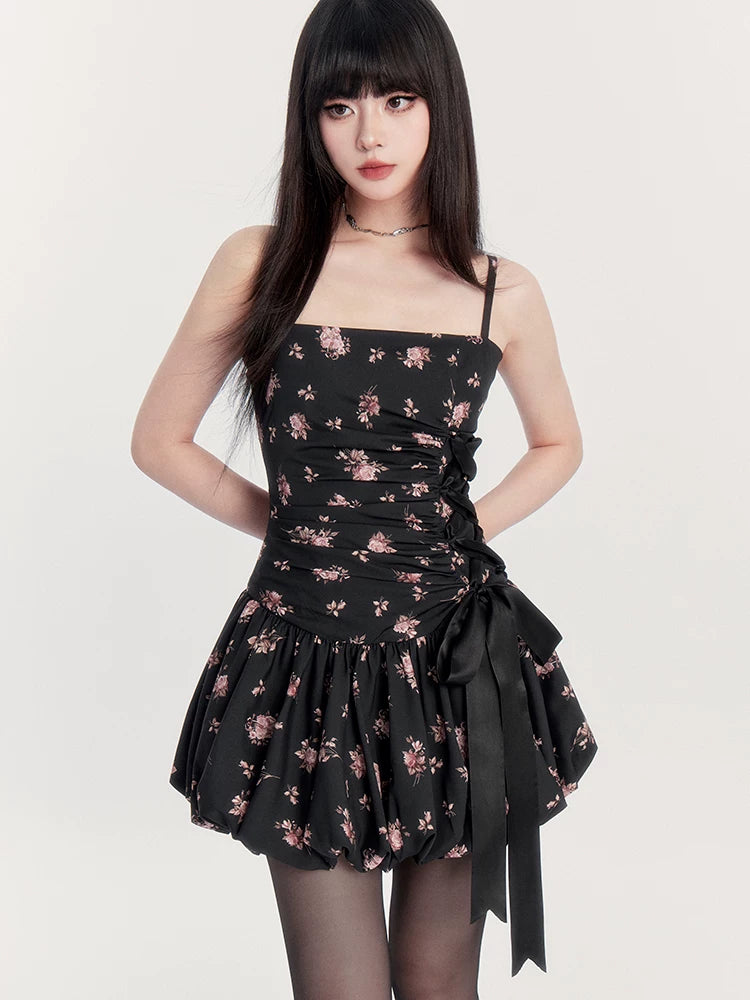 Dream French Floral Bow Waist Puff Dress