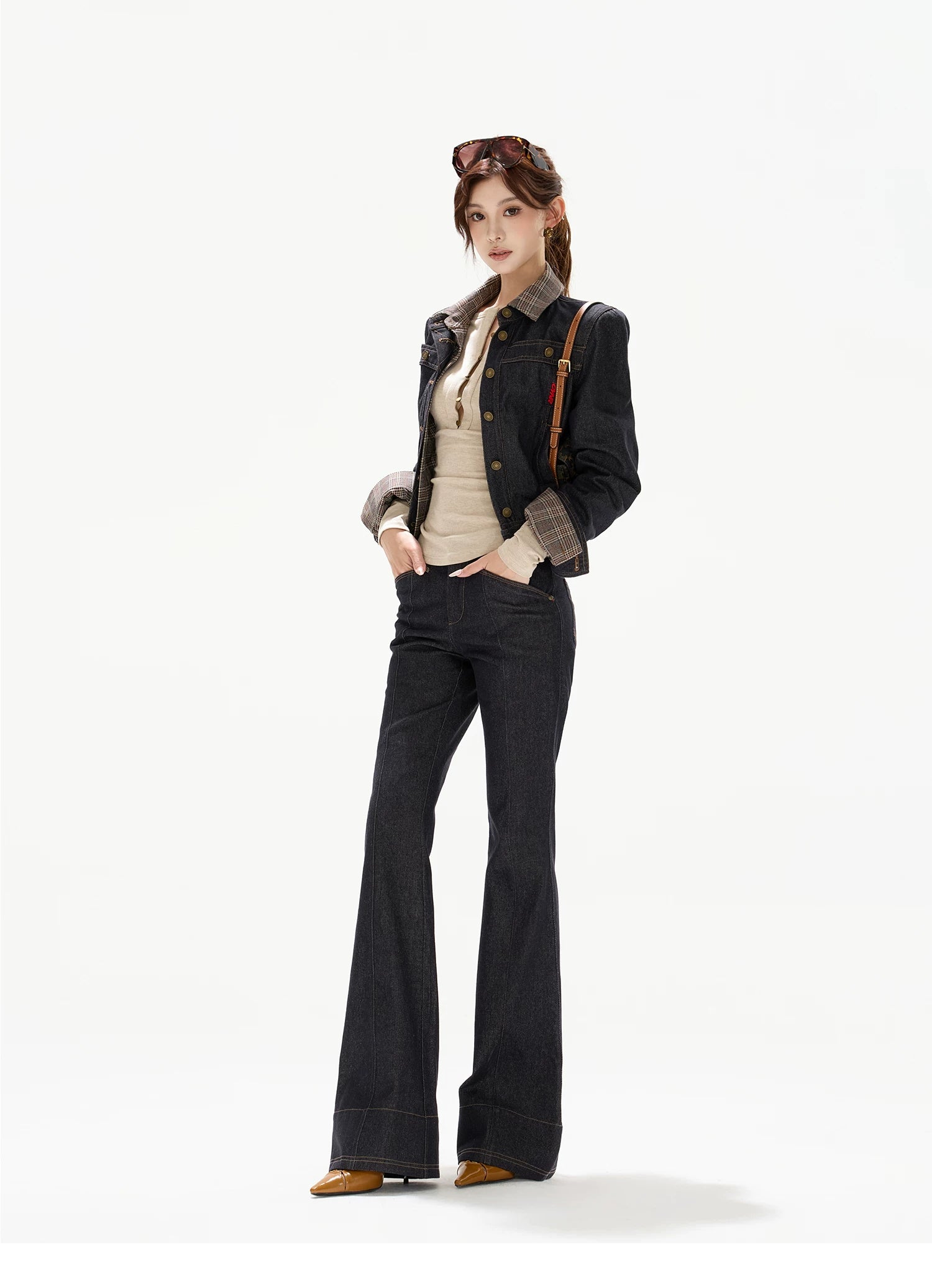 Plaid Mid-Rise Flared Wide-Leg Jeans