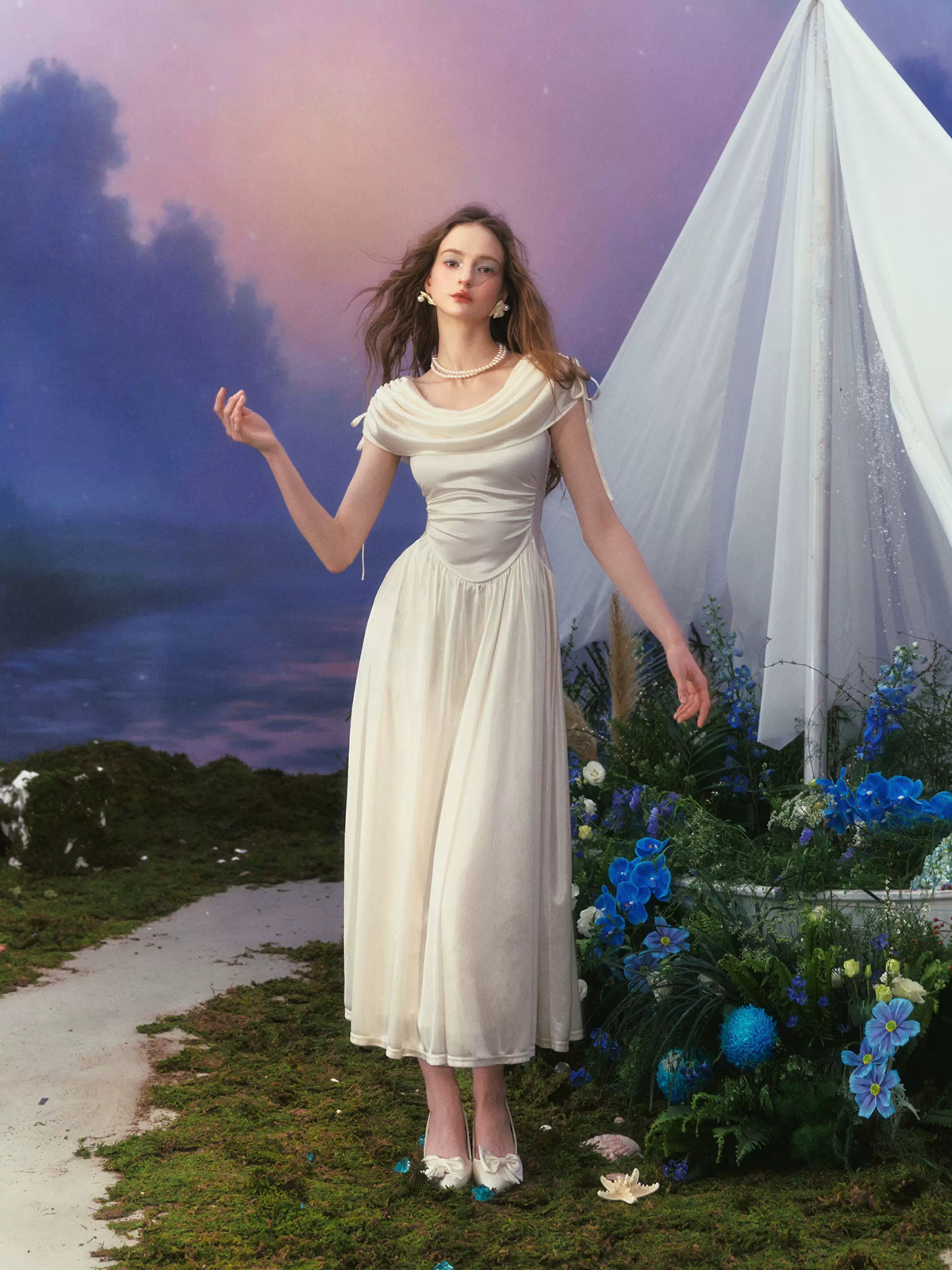 White French Court-Style Draped-Neck Dress