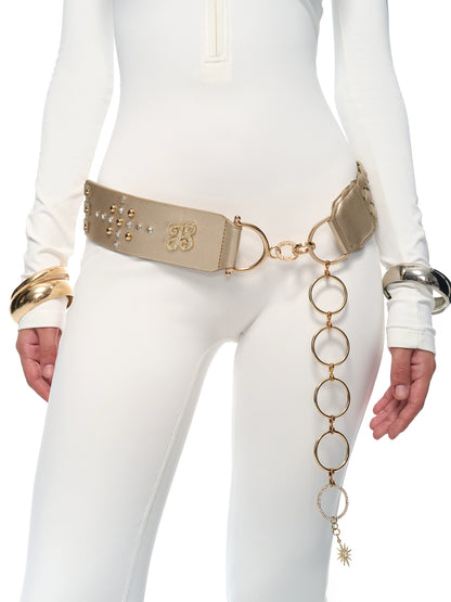 Ring-Detail Studded Woven PU Belt