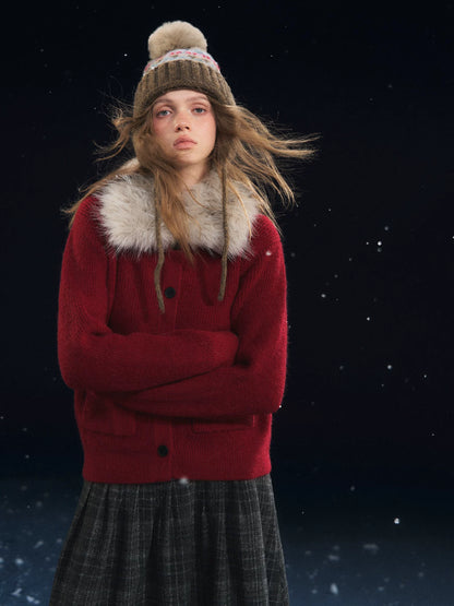 Detachable Fur Collar Ribbed Cardigan