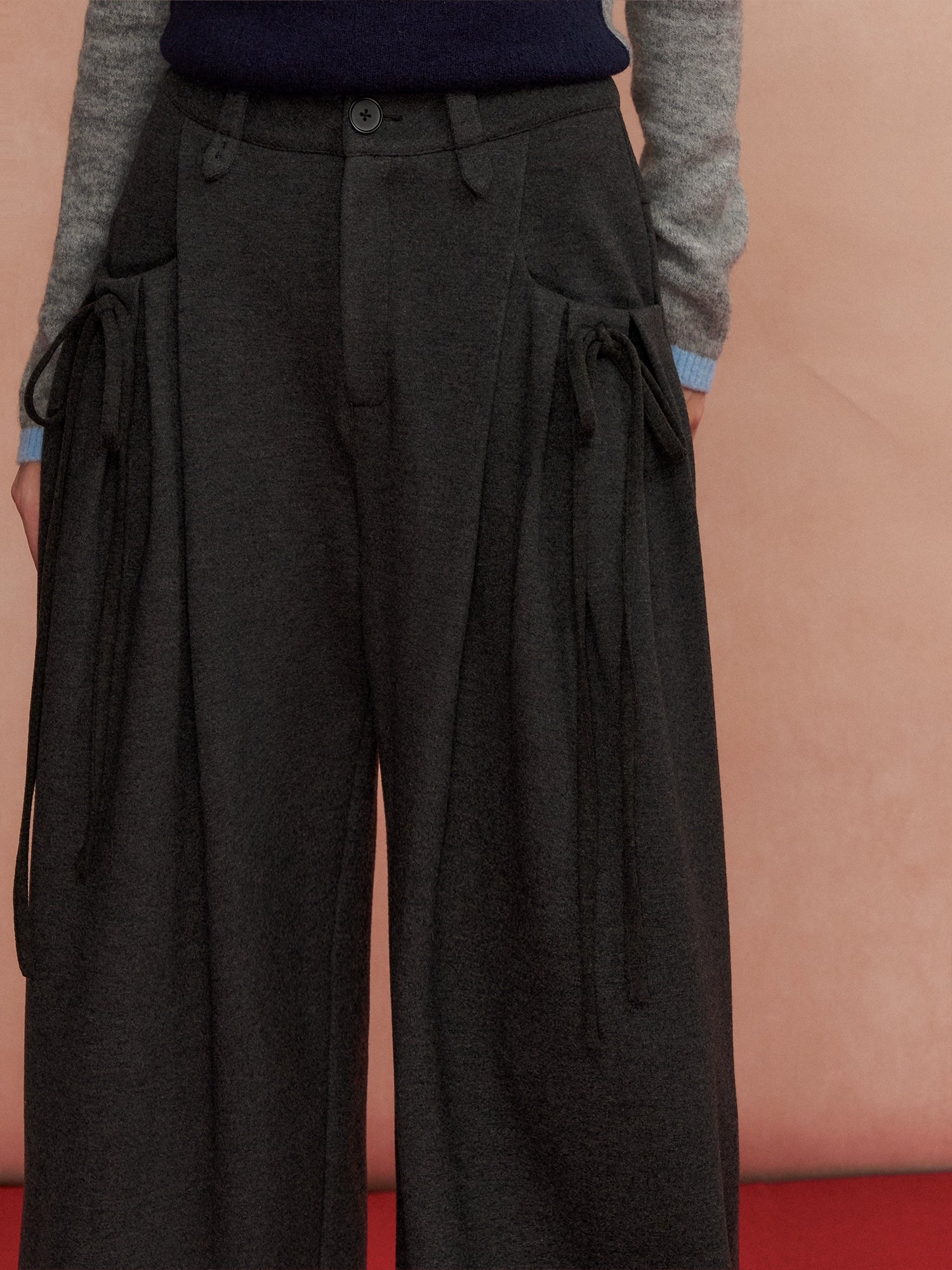 Pleated Bow Wool Blend Trousers