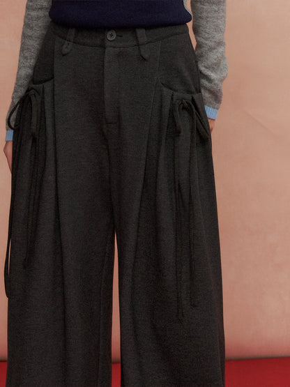Pleated Bow Wool Blend Trousers