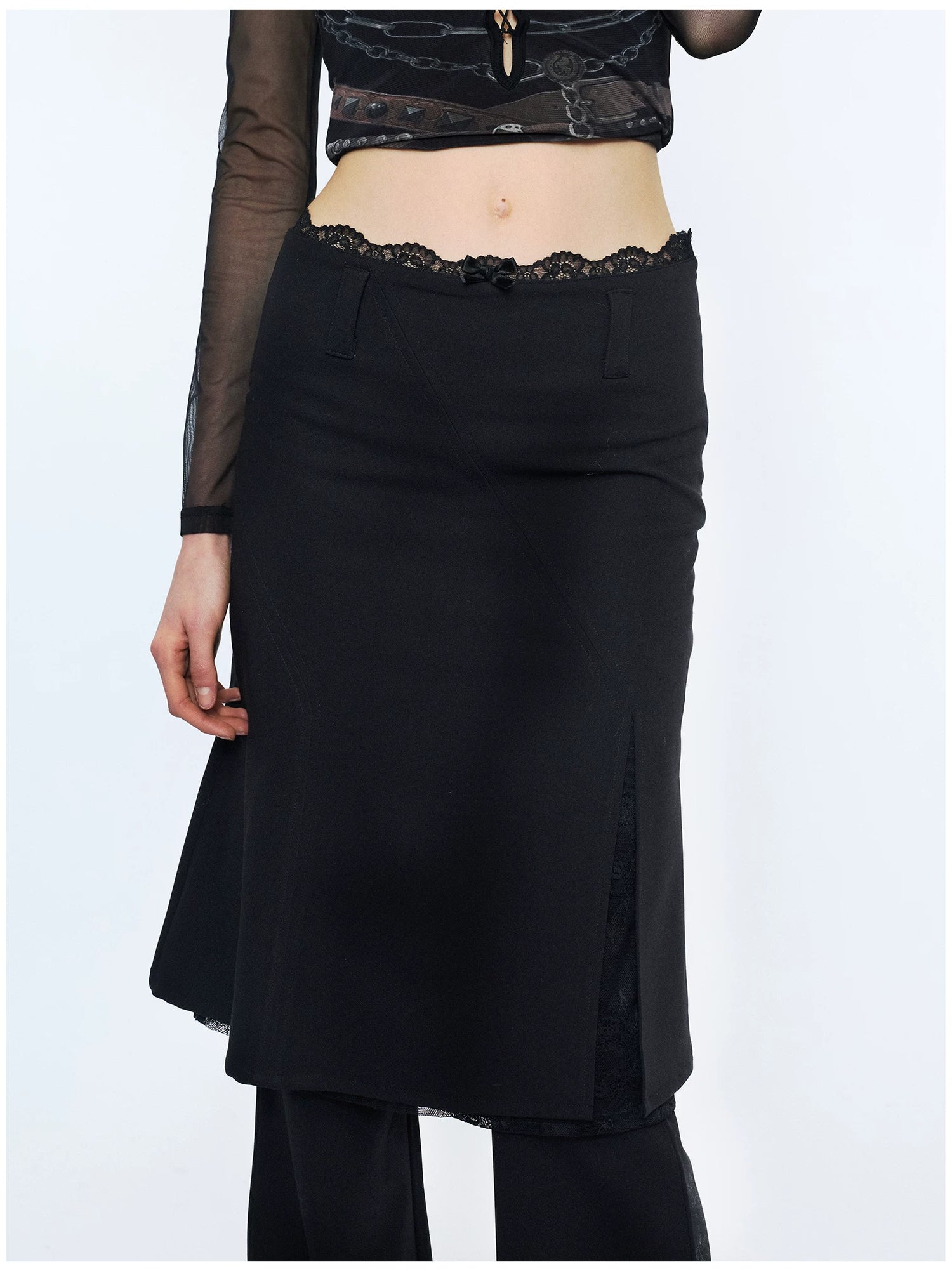 Lace Waist Bow Flared Skirt Pants