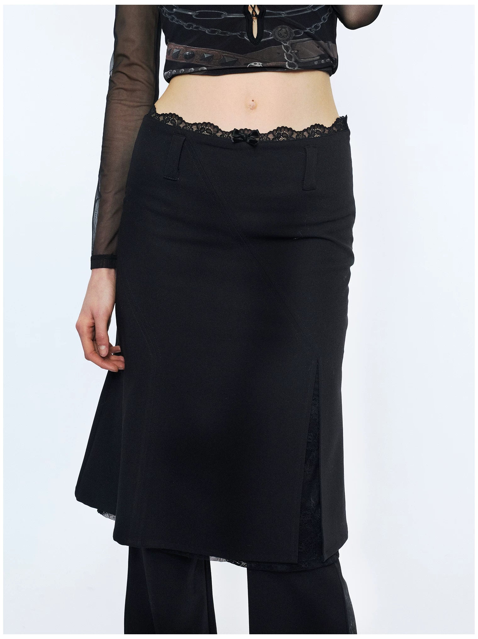 Lace Waist Bow Flared Skirt Pants