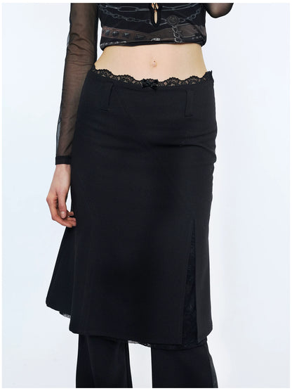 Lace Waist Bow Flared Skirt Pants