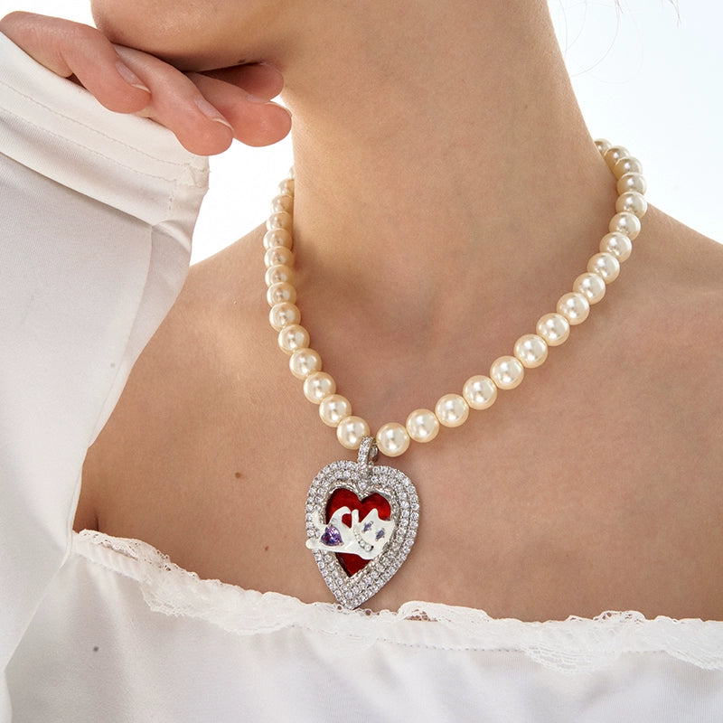 Cat Heart Enamel Pearl Necklace