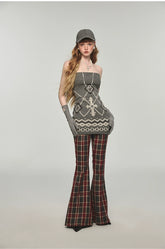 Plaid & Leopard Slim-Fit Flared Pants - CHINASQUAD