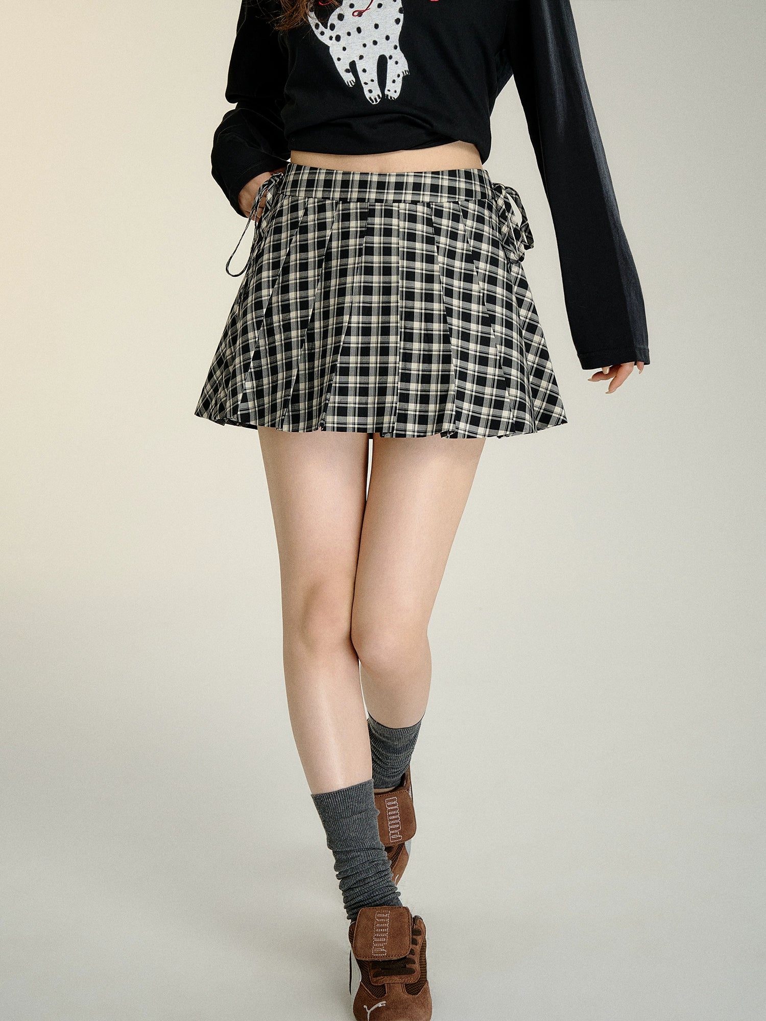 Bow Tie Plaid Pleated Skirt