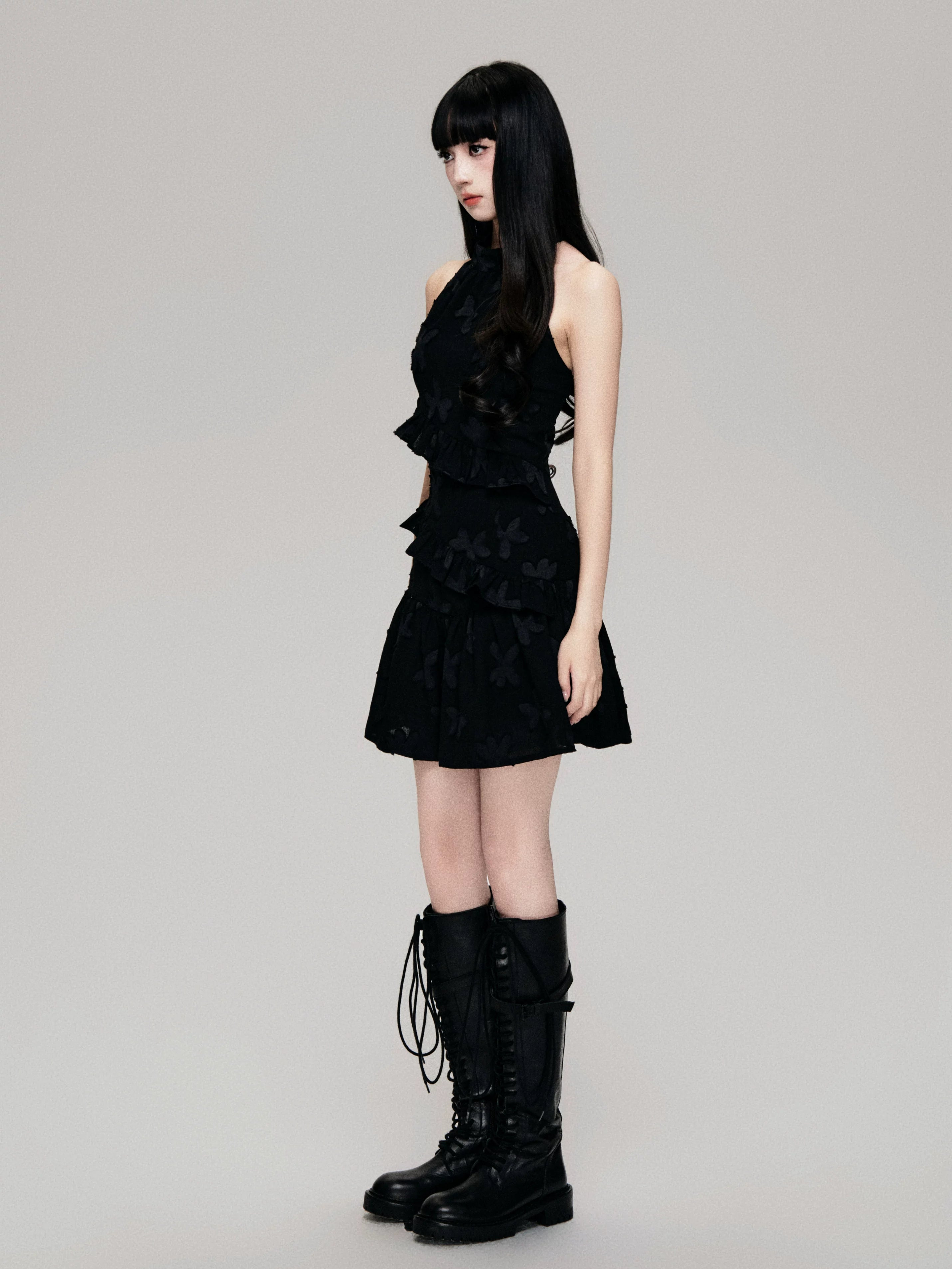 Textured Cut-Out Floral Halter Mini Dress