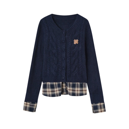 Layered Plaid Patchwork Cable Knit Cardigan