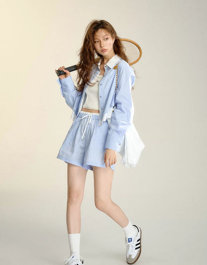 Blue &amp; White Layered Faux Two-piece Striped Shirt &amp; Shorts