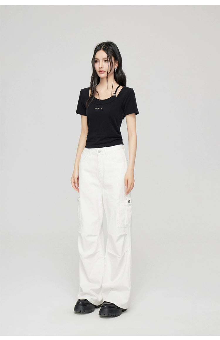 White Pleated Cargo Jeans - CHINASQUAD