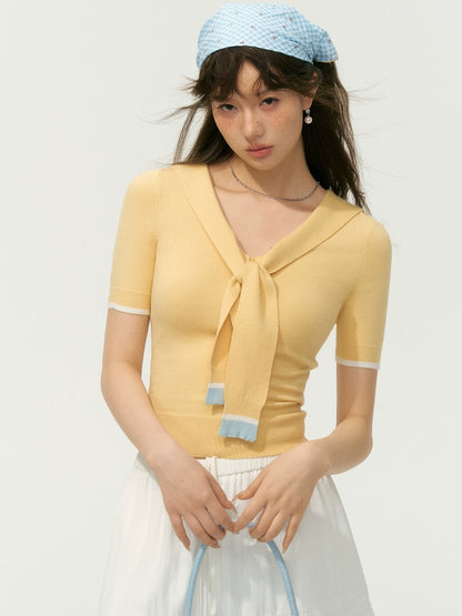 Preppy Style Collared Tie Knit Top