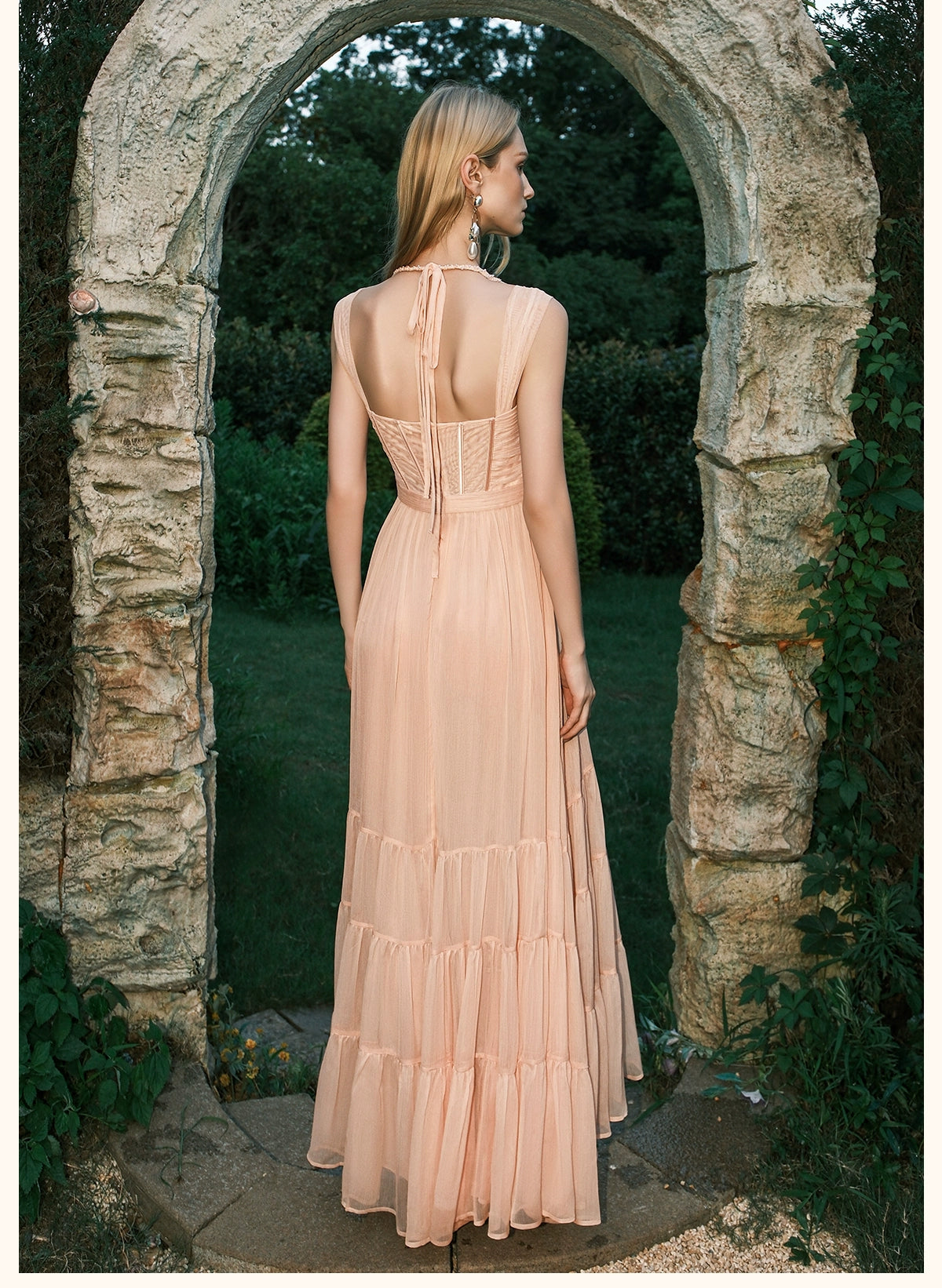 Tia Beaded Halter Chiffon Midi Dresses