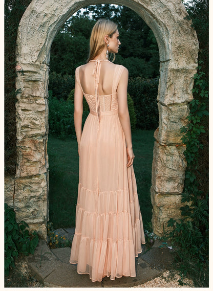 Tia Beaded Halter Chiffon Midi Dresses
