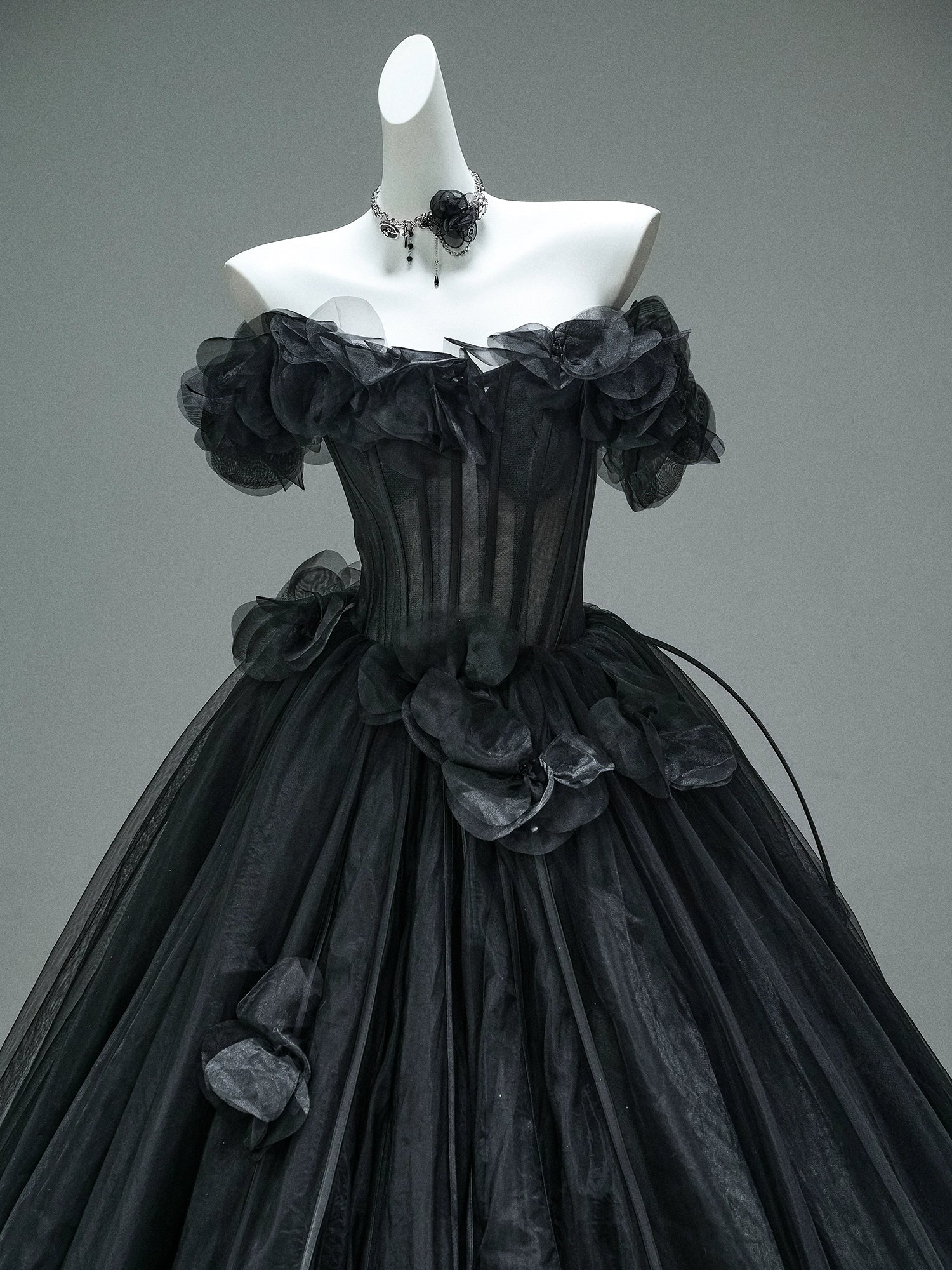 Nightfall Black Tulle Ball Gown with Floral Accents