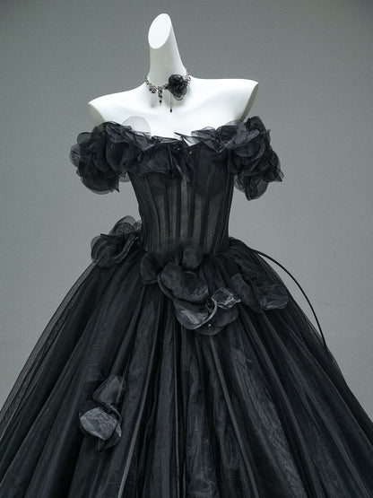 Nightfall Black Tulle Ball Gown with Floral Accents