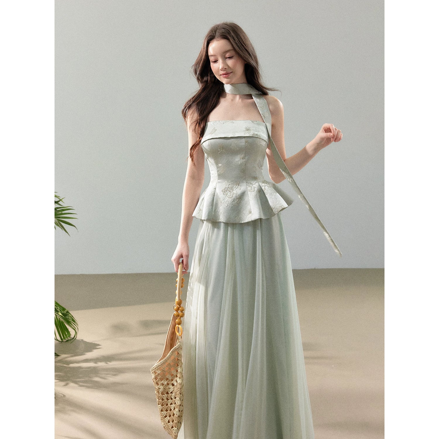 Floral Jacquard Corset Top &amp; Sheer Mesh Skirt Set