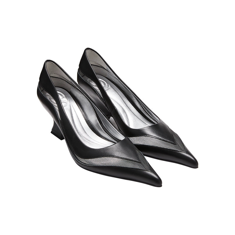 Black &amp; Gray Mesh Patchwork Pointed Toe Heels - CHINASQUAD