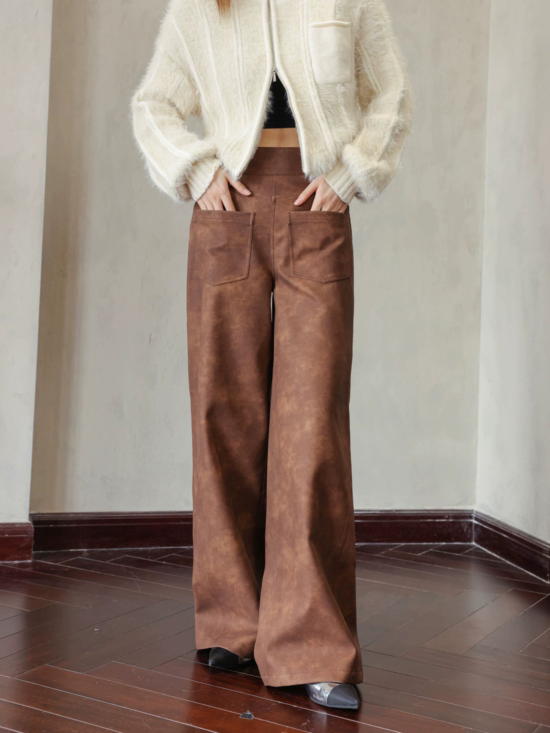 Brown Faux Leather Straight-Leg Pants - CHINASQUAD