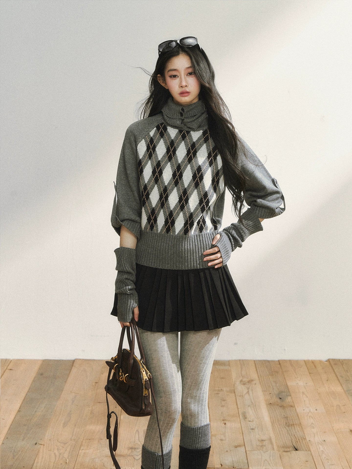 Vintage Argyle Knit Turtleneck Sweater &amp; Skirt Set