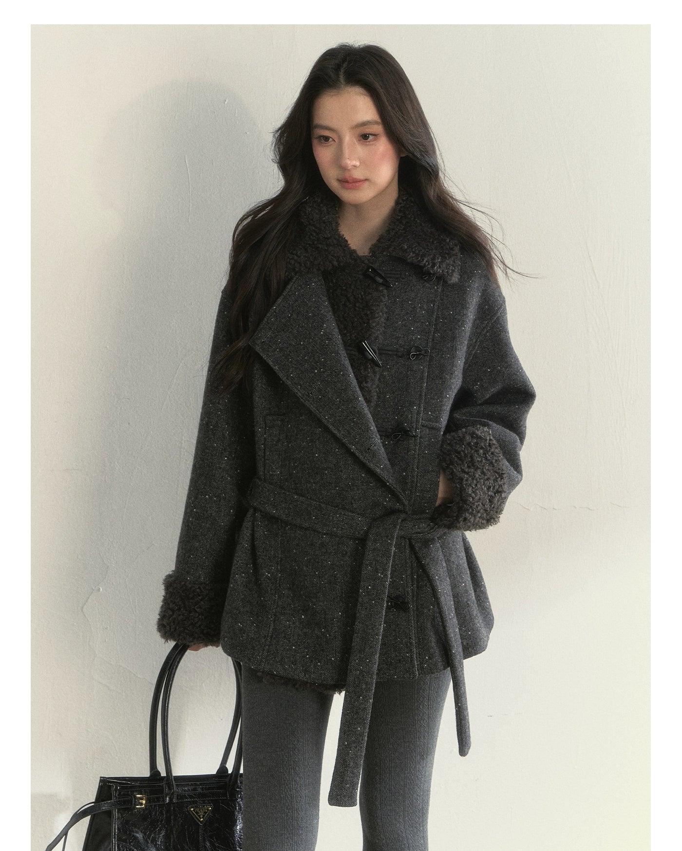 Deep Grey &amp; Brown Wool Blend Fleece-Collar Coat