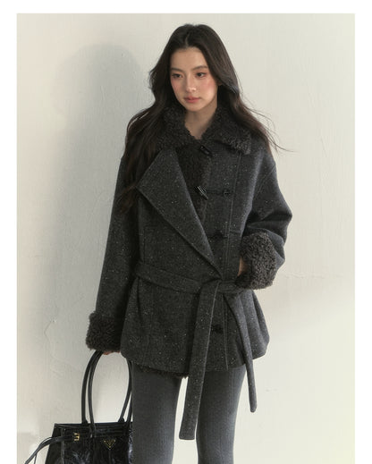 Deep Grey &amp; Brown Wool Blend Fleece-Collar Coat