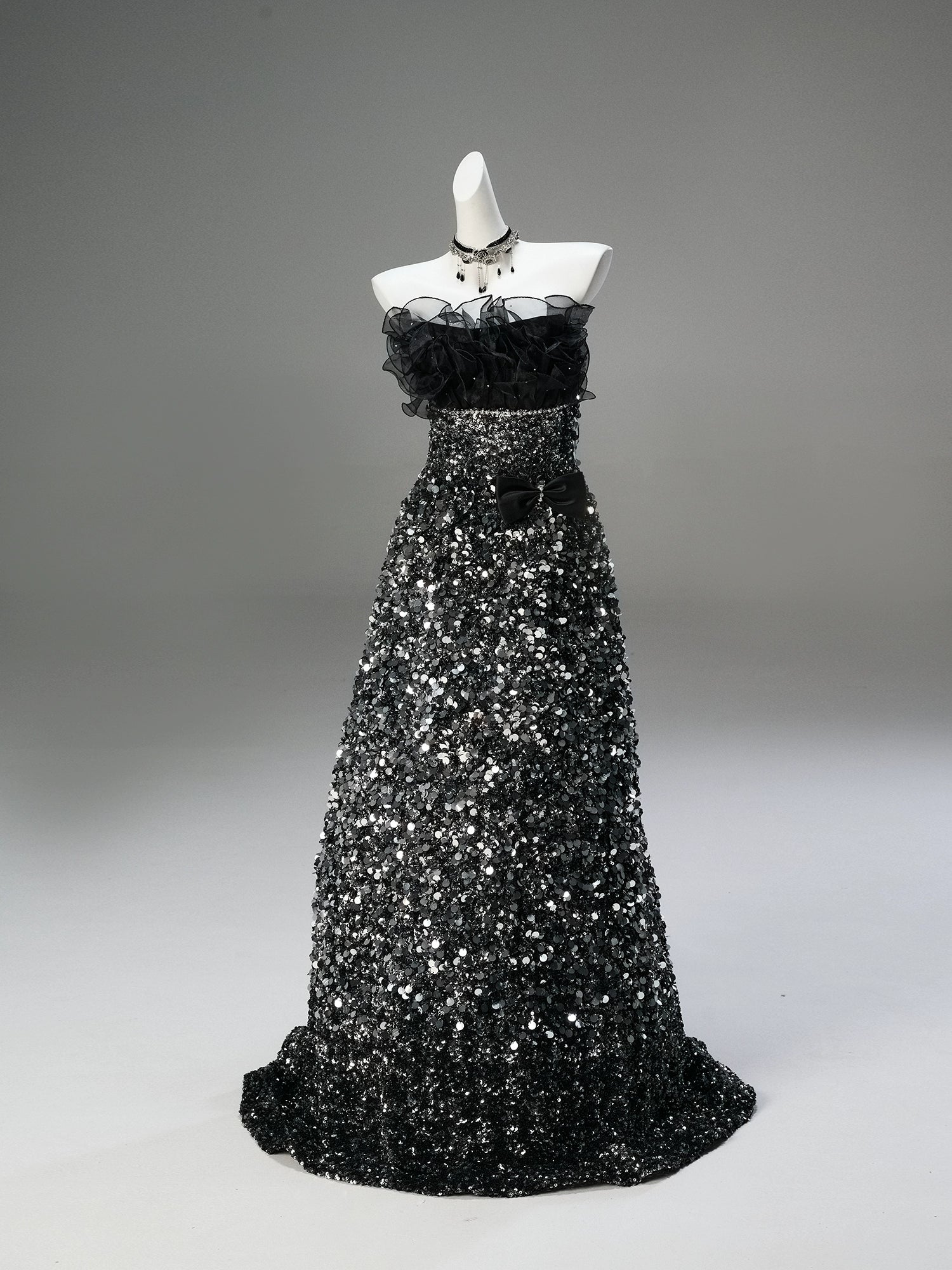 Glamorous Black Couture Gown with Full-Diamond Detailing