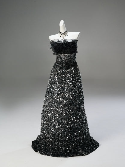 Glamorous Black Couture Gown with Full-Diamond Detailing