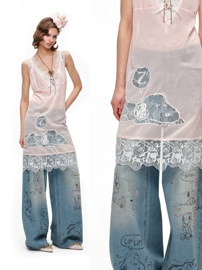 Snoopy Graffiti Crystal-Embellished Washed Denim Jeans