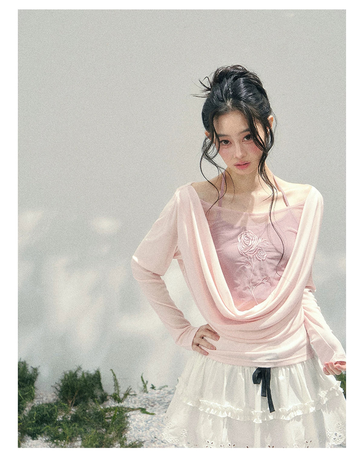 Rose Embroidery Draped Blouse Set