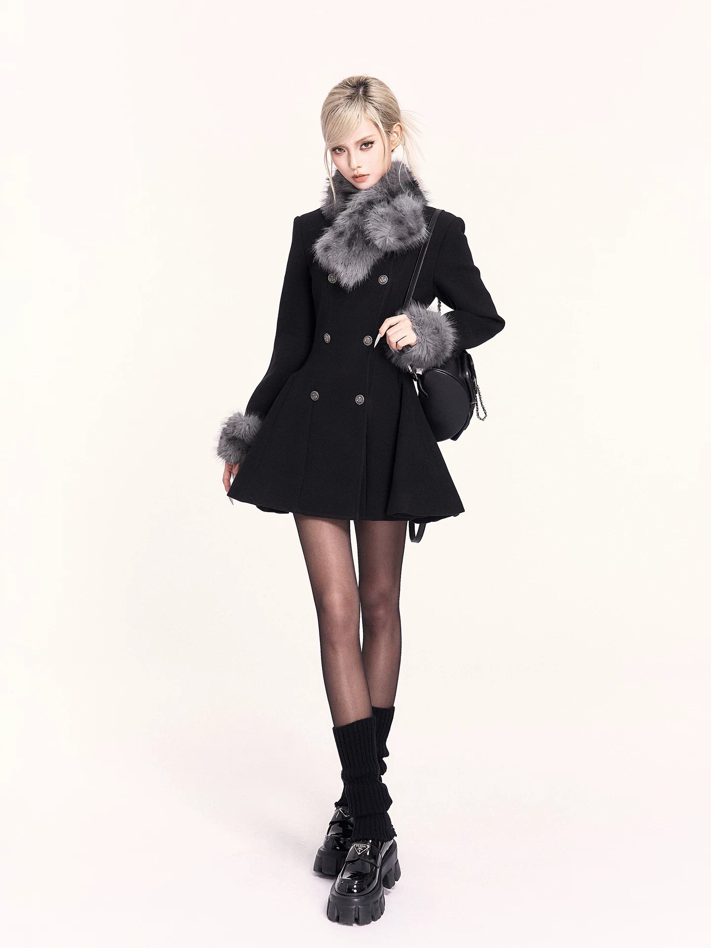 Fur-Collar Waist-Cinching Wool Coat Dress