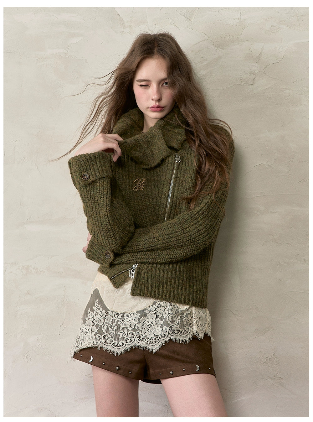VIA PITTI Oversized Lapel Asymmetrical Zip Knit Cardigan – view 13