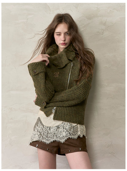 Oversized Lapel Asymmetrical Zip Knit Cardigan